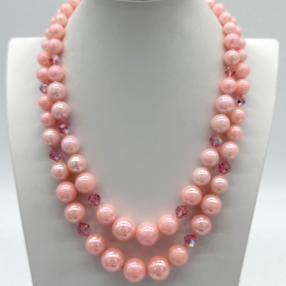 Vintage Bubblegum Pink Faux Pearl AB Crystal Double Strand Necklace